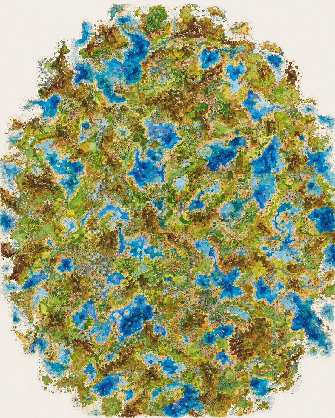 A ggMapping world map painted one small square at a time: green plains, tan hills and blue lakes grown outward from the middle